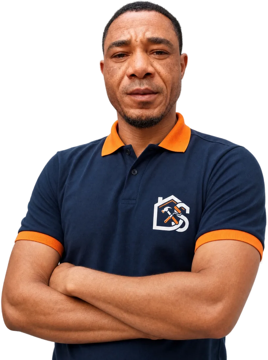 Alex Santos, owner of Dos Santos Construction, wearing the company polo shirt