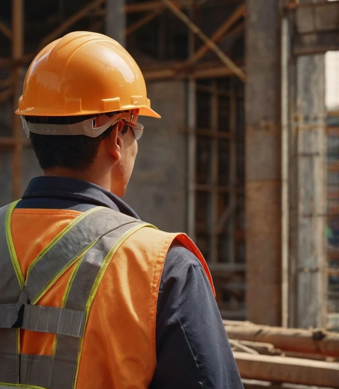 Dos Santos crew member in a hard hat and safety vest looking over a job site