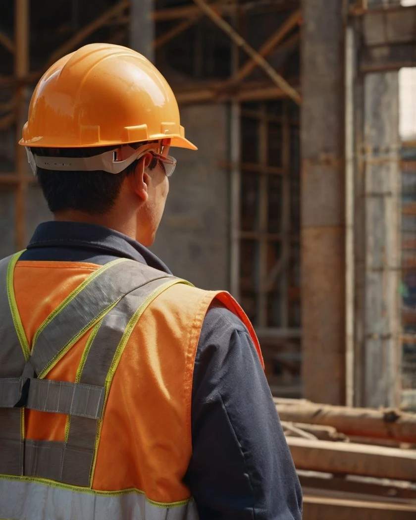 Worker in a hard hat and safety vest looking over a job site