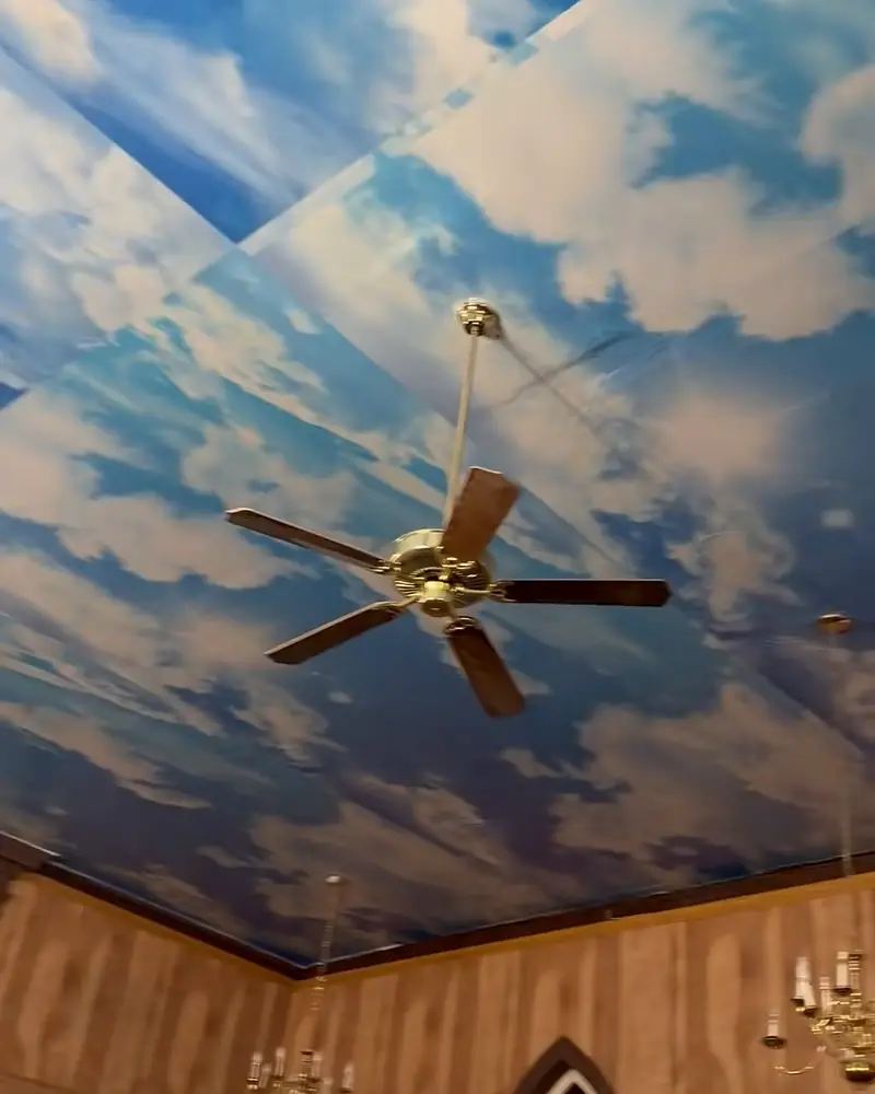 Finished sky mural ceiling with a ceiling fan above wood-paneled walls